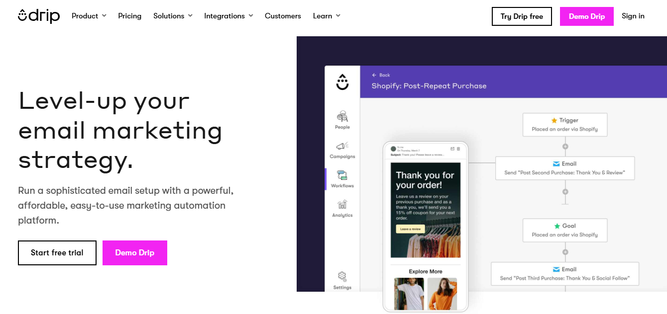 Drip platform showing e-commerce focused email automation and customer segmentation features